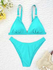 Swim Mod 2026 Spring/Summer Women's Adjustable Strap Silver Ring Clasp V-Neck Green Side High Cut Waist Holiday Bikini Swimsuit 2-Piece Set - Mint Green - View 5