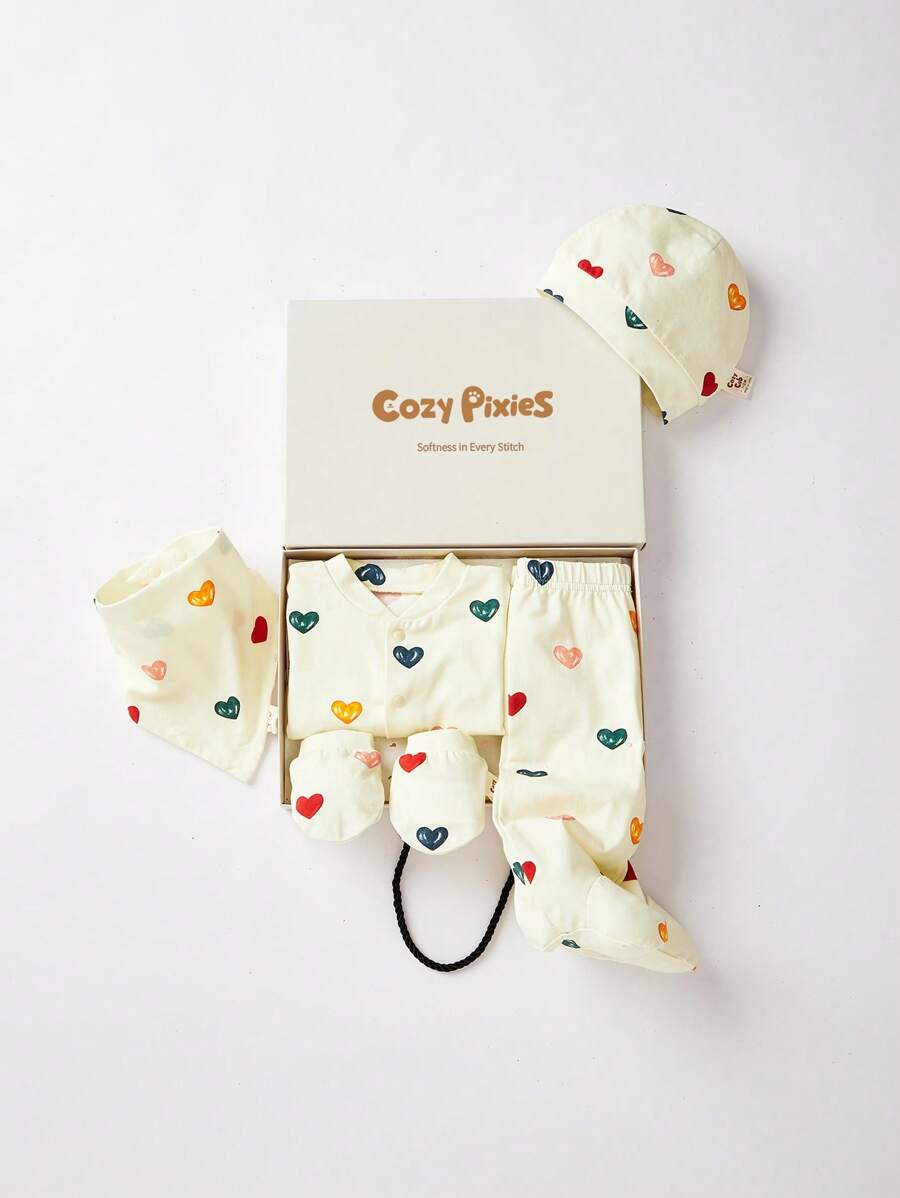Cozy Pixies 5pcs/Set Newborn Baby Girl Gifts - Heart Pattern Knitted Soft Crew Neck Sweater, Footed Pants, Hat, Bib, Gloves In Gift Box - Apricot - View 1