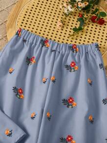 SHEIN LMoss Kids LMoss Tween Girl Tween Girl Loose Casual Sleeveless V-Neck Blouse With Wide-Leg Floral Pants, 2pcs/Set