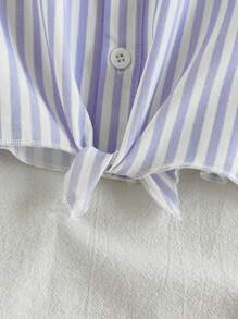 SHEIN Tween 女童蓝白条纹休闲百搭风格无袖圆领宽松衬衫，数码印花面料，适合居家 - 紫色 - 查看 5