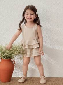 Blossori Baby Mädchen elegantes Set aus Khaki Rüschen-Dekor Top und Shorts, Frühling/Sommer - Khaki - Übersicht 4