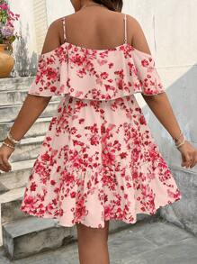 SHEIN VCAY Plus Size Bloemenprint Strappy Open Schouder Korte Mouw Jurk, Voor Vakantie