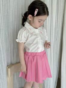 SHEIN 2 件装女婴可爱甜美校园风格蝴蝶结衬衫和百褶裙套装，春夏，0-3 岁 - 粉色 - 查看 6