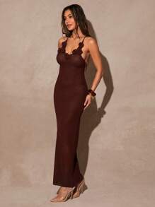 Silquee Women's Dark Brown Hollow Fish Scale Crochet Bodycon Dress,Elegant 3D Floral V-Neck Halter Dress For Autumn,Vacation,Holiday,Beach,Summer Pool Party - Chocolate Brown - View 4