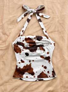 SHEIN WYWH Women's Vacation Knit Cow Print Halter Ruched Waist Slim Fit Fashion Tank Top, Suitable For Summer Fashion, Party, Afternoon Tea, Beach, Cruise, Music Festival - Multicolor - View 2