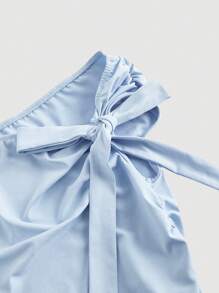 SHEIN MOD 蓝色褶皱不对称 T 恤，带蝴蝶结装饰，适合约会、派对、少女审美、早午餐、新年女士、度假女士、西部装女士、女士海滩装、女士办公室装、情人节、狂欢上衣 - 藍色 - 查看 3