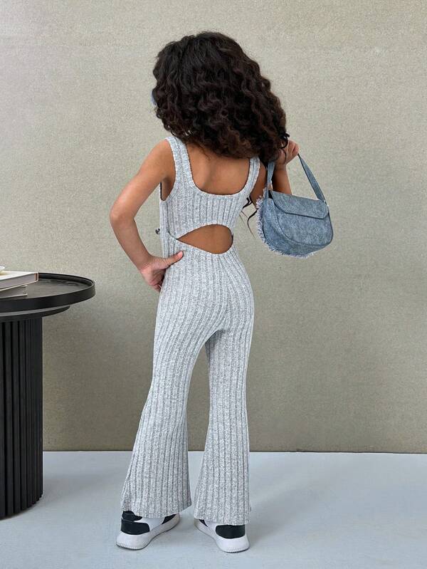 SHEIN Young Girl Solid Color Round Neck Hollow Back Jumpsuit, Mommy & Me