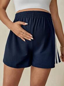 SHEIN Comfortable Cotton Maternity Mini Shorts: Navy Blue Knitted Casual Shorts With Side Stripes For Everyday Wear - Navy Blue - View 3
