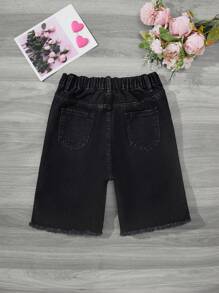 SHEIN Tween Girl Ripped Washed Graffiti Letter Print Denim Shorts - Black - View 2