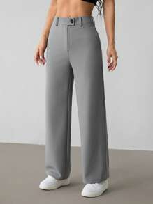 SHEIN PETITE Women's Grey Polyester Casual Long Pants With Zipper Detail - Grey - View 7