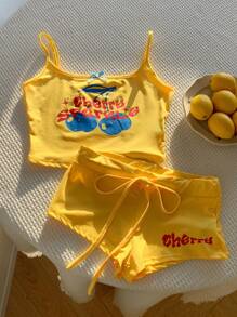 Comfortcana Set de top corto y pantalones cortos estampados con cerezas y letras para mujer - Amarillo - Ver 6
