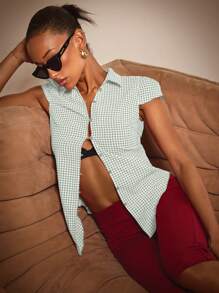 Athîral Women's Plaid Print Button Front Fitted Blouse, Summer - Green - View 3