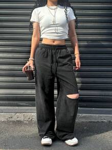 Teen Girls' Black Casual Ripped & Acid-Washed Drawstring Waist Wide Leg Sweatpants - Black - View 3