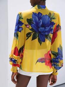 Aveloria Modichic Chiffon Contrast Color Floral Print Layered Flounce Cuff Long Sleeve Blouse Button Up Shirt Women  Fall Cloth For Women - Yellow - View 6