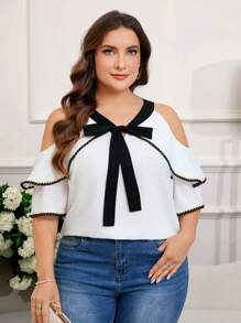 SHEIN Clasi Chemise d'été élégante à manches courtes avec bloc de couleurs et nœud pour femmes grandes tailles. Blouses d'été, hauts de printemps, hauts de travail pour femmes - Noir et Blanc - Voir 6