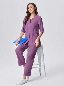 Scrubzie Anti-Wrinkle Long-Sleeve Shirt & Pants 2pcs/Set Ladies Scrub Uniform