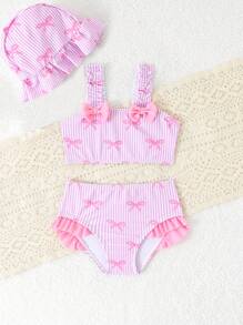 Baby Girls Cute Bow Print Swimsuit Three-Piece Set - Multicolor - View 3