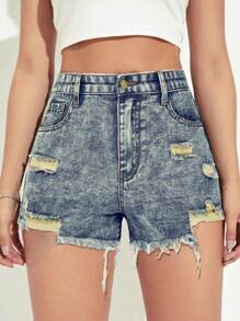 SHEIN EZwear Quần short denim rách rửa thường ngày mùa hè - Rửa trung bình - Xem 4