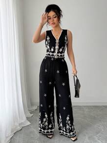 Chiquease 2 pièces/Set Femme Élégante Décontractée Minimaliste Débardeur Et Pantalon, Mode Quotidienne - Noir - Voir 6