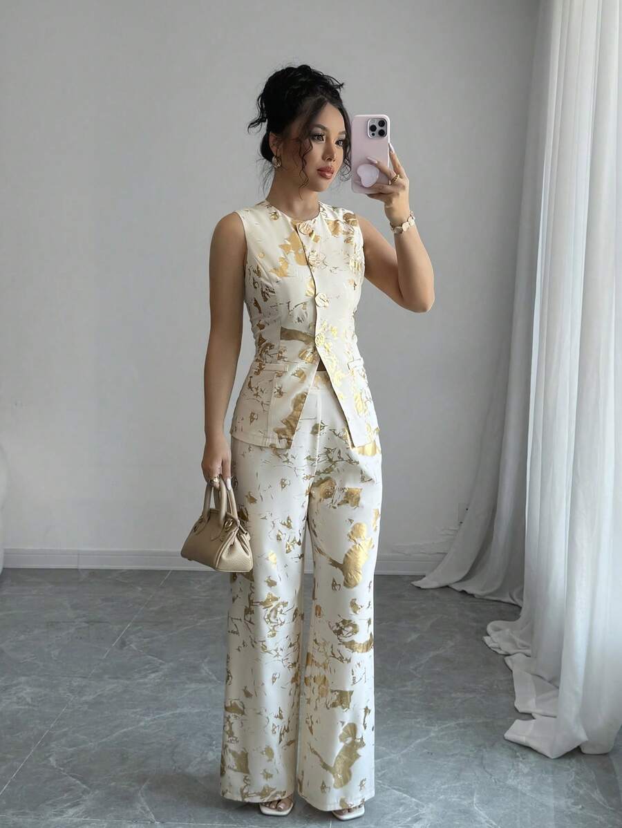 Gloray 2pcs Women French Elegant Embossed Foil Design Button Front Blouse And Pants Set - Apricot - View 1