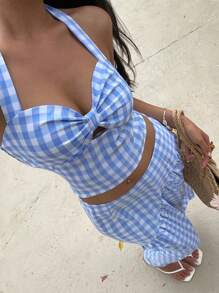 Sunnyshic Set elegante da donna composto da una camicetta allacciata a quadri e una gonna ampia