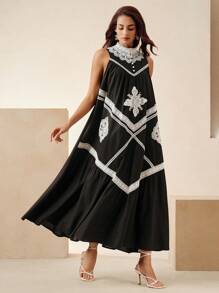 Anewsta Vestido sin mangas con bordado floral elegante bohemio para vacaciones, atuendos de primavera/verano para mujeres