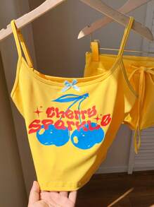 Comfortcana Set de top corto y pantalones cortos estampados con cerezas y letras para mujer - Amarillo - Ver 3