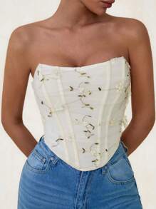 Glamine Floral Embroidery Mesh Asymmetric Ruffle Hem Bandeau Corset Top For Women - Apricot - View 1
