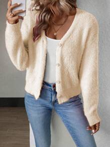 EMERY ROSE Plain Front Button V-Neck Elegant Mink Fur Trim Short Cardigan, Long Sleeve Fall Winter Cloth For Women - Apricot - View 4