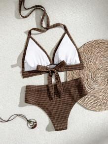 Swim DD+ 2pcs Halter Tie Strap Triangle Bikini Set, Sexy & Minimalist Swimsuit For Summer Beach Vacation - Coffee Brown - View 3