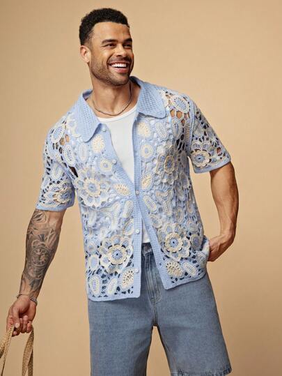 EASEVO Plus Size Men's Blue Loose Openwork Floral Knit Polo Shirt, Short Sleeve, For Fall Winter