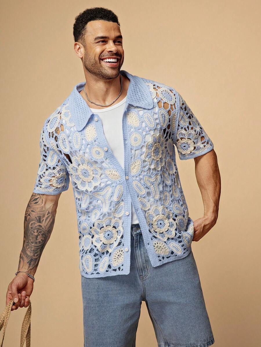 EASEVO Plus Size Men's Blue Loose Openwork Floral Knit Polo Shirt, Short Sleeve, For Fall Winter