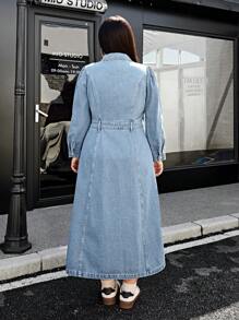 SHEIN EZwear Plus Size Casual Washed Snap Front Puff Sleeve Denim Dress - Light Wash - View 2