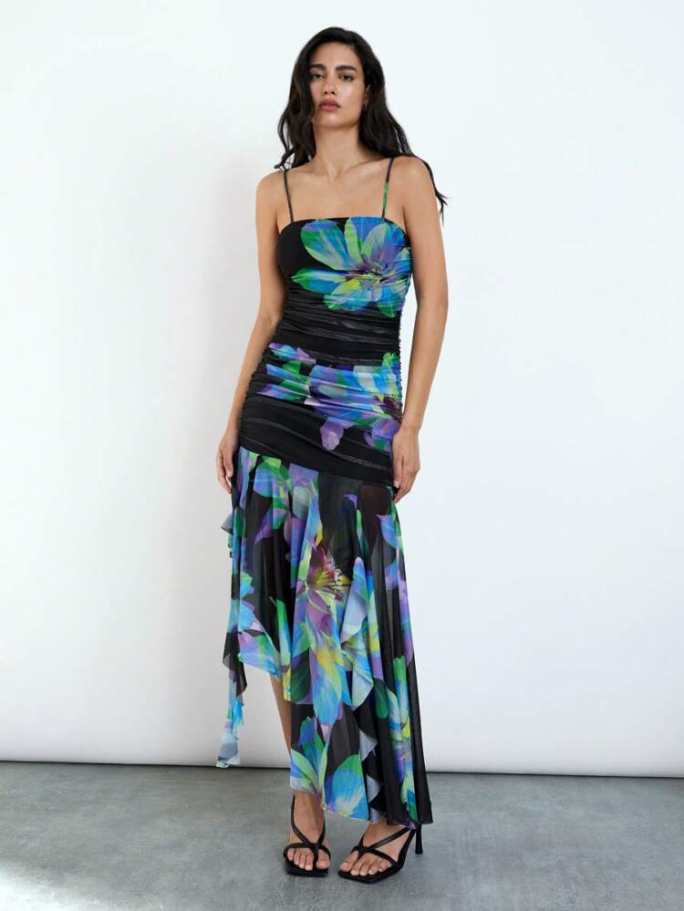 SHEIN Maija 2015 Summer New Modern Elegant Business Casual Graduation Season Brunch Wedding Guest Daily Versatile Laser Holograph Large Floral High-Slit Ruffle Hem Adjustable Strap Mesh Dress, Suitable For Easter, Music Festival