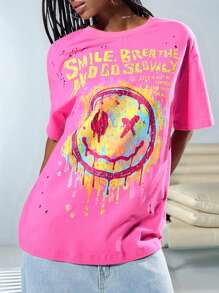 Easelle Lässiges, weites T-Shirt mit Grafik-Slogan-Muster und Destroyed-Look, Kurzarm - Pink - Übersicht 4
