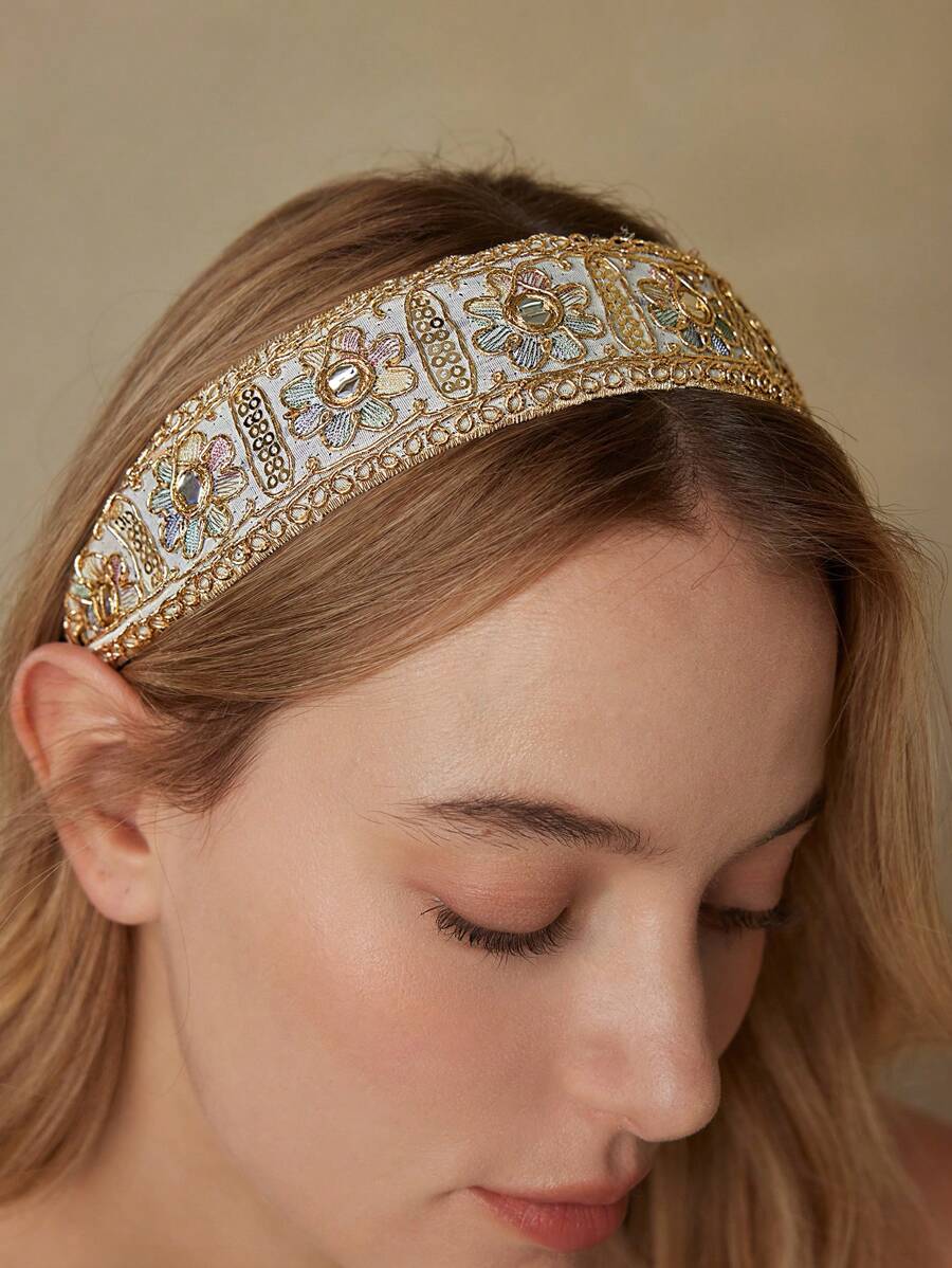 MOTF PREMIUM FLORAL EMBROIDERED HEADBAND HAIR HOOP - Beige - View 1