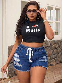 SHEIN SXY Quần short denim thường ngày có dây rút túi eo cỡ lớn cho nữ - Rửa tối - Xem 3