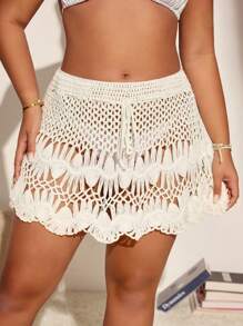 SHEIN Swim Falda de cubierta talla grande con cintura ajustable de mujer, bordada a ganchillo - Beis - Ver 4