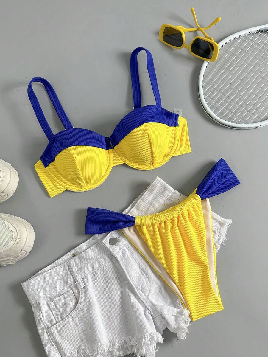 Swim Basics Minimalist Strap Swim Top & Triangle Swim Bottoms, Stylish Swimsuit Set For Summer - Multicolor - View 1