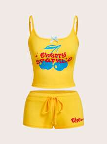 Comfortcana Set de top corto y pantalones cortos estampados con cerezas y letras para mujer - Amarillo - Ver 8
