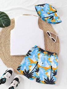 3pcs Young BoyCasual Tropical Rainforest Palm Tree Print Tank Top, Shorts, And Hat Set, Suitable For Vacation, Holiday, Travel, Relaxation, Sunbathing, Summer