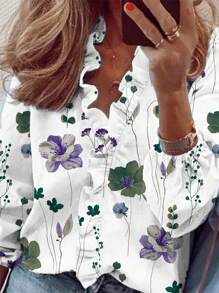 EMERY ROSE Women's Frill Trim Printed Long Sleeve Shirt For Vacation - Multicolor - View 4