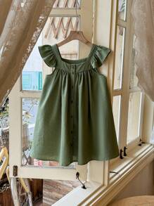 Blossori Young Girls Elegant French Style Multi-Piece Woven Square Collar Dress, Pink/Green,Spring/Summer - Multicolor - View 3