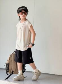 Tween Boy Oversized Casual Comfortable Versatile Soft Waffle Textured Letter Graphic Round Neck Tank Top, Suitable For Daily Wear, Outdoor Play, School, Street Style, Party And Home Leisure - Khaki - View 3