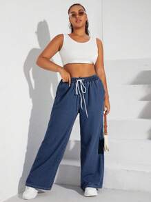 SHEIN EZwear Plus Size Casual Daily Slant Pocket Drawstring Waist Denim Jeans - Dark Wash - View 4