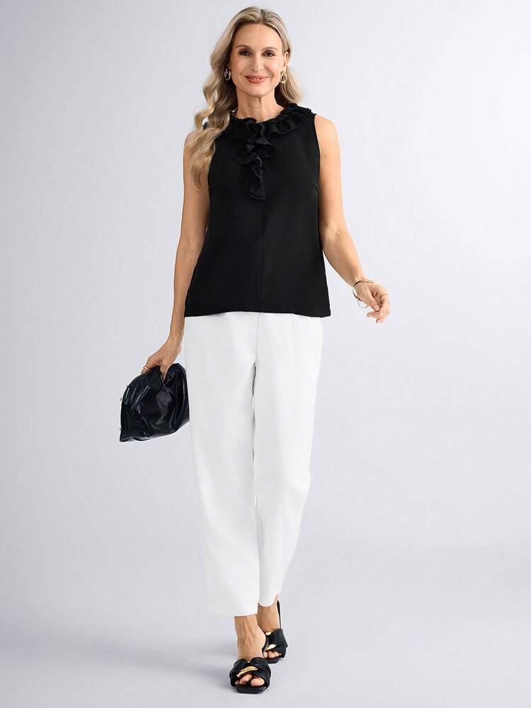 Women's Elegant Black Woven Fabric Tank Top With Ruffle Tie Neck Detail