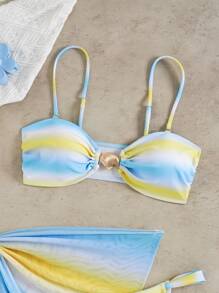 SHEIN Swim Women's 3-Piece Swimsuit Set With Detachable Straps, Fashion Gradient Print With Mesh Overcover, Ocean Shell Decor, Sexy Beach Vacation