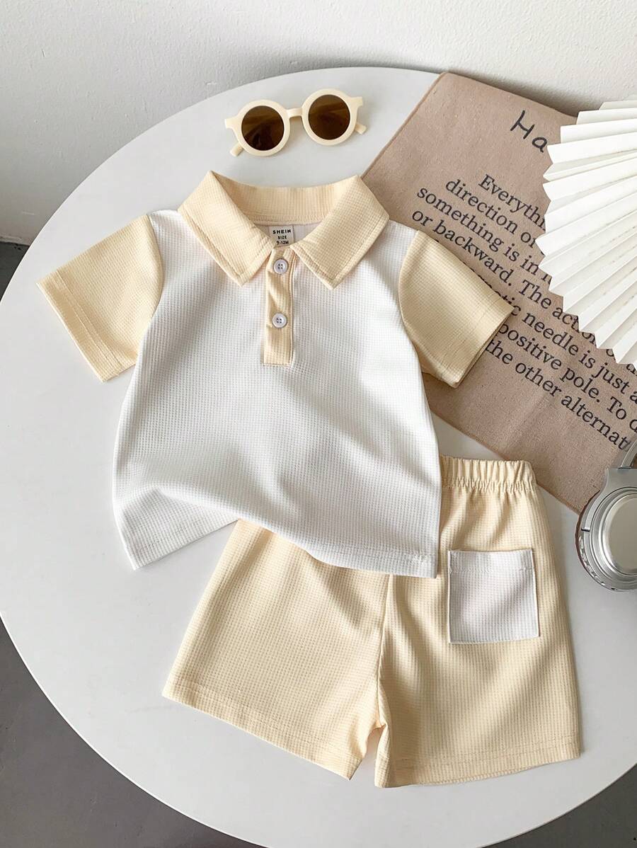 SHEIN 2pcs/Set Baby Girl/Boy Unisex Infant/Toddler 0-3 Years Casual Waffle Knit Colorblock White & Purple Shirt Top And Shorts Set - Multicolor - View 1