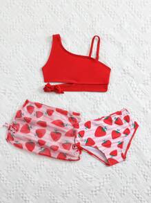 SHEIN 女婴草莓印花吊带泳衣套装带罩裙适合海滩/度假 - 紅色 - 查看 7
