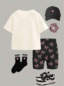 SHEIN 2 件年轻女孩休闲简约豹纹蝴蝶结装饰短袖宽松 T 恤 + 短裤套装，适合夏季 - 彩色 - 查看 2